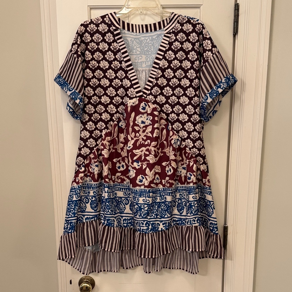 Floral and Striped V-Neck Dress